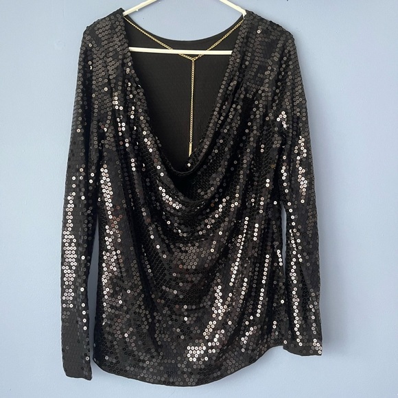 Michael Kors Sequin Long Sleeve Black Blouse XL MK - Picture 2 of 3